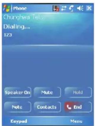 Phone Chunghwa Tel... Dialing... 123 Speaker On Mute Hold Note Contacts End Keypad Menu