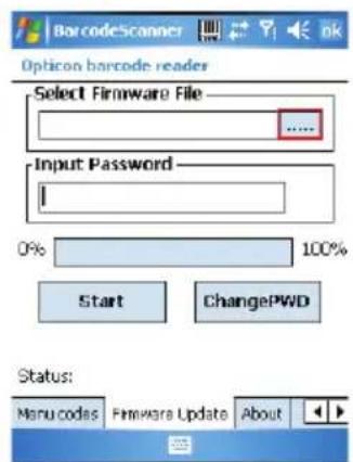 BarcodeScanner Option barcode reader Select Firmware File ... Input Password 0% 100% Start ChangePWD Status: Menu codes Firmware Update About