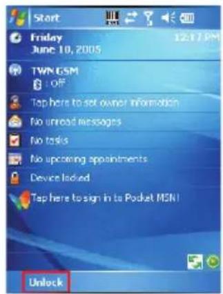 Start Friday June 10, 2005 TWN GSM OFF Tap here to set owner information No unread messages No tasks No upcoring appointments Device locked Tap here to sign in to Pocket MEN! Unlock