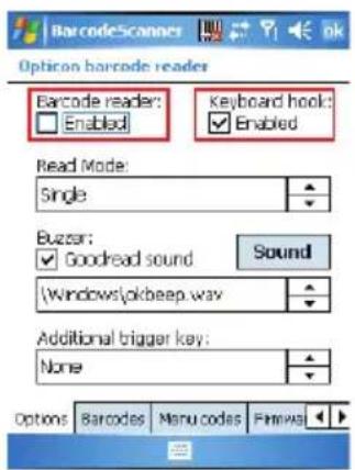 BarcodeScanner Option barcode reader Barcode reader: Enabled Keyboard hook: Enabled Read Mode: Single Buzzer: Goodread sound Sound \Windows\okbeep.wav Additional bigger key: None Options: Barcodes | Menu codes | Printers