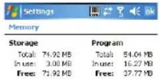 Settings Memory Storage Program Total: 74.92 MB Total: 54.04 MB In use: 3.00 MB In use: 16.27 MB Free: 71.92 MB Free: 37.77 MB
