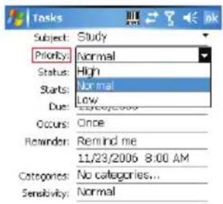 Subjects Study Priority: Normal Status: High Starts: Normal Due: Low Occurs: Once Reminder: Remind me 11/23/2006 8:00 AM Categories: No categories... Sensitivity: Normal
