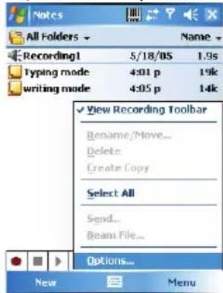 All Folders Recording1 5/18/05 1.9s Typing mode 4:01 p 19k writing mode 4:05 p 14k View Recording Toolbar Rename/Move... Delete Create Copy Select All Send... Beam File... Options...