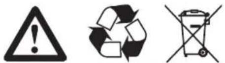 Three black-and-white symbols representing waste management and recycling concepts: warning triangle, recycling symbol, and no-drawn trash can.