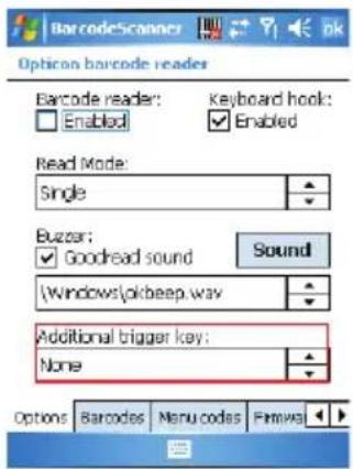 BarcodeScanner Options barcode reader Barcode reader: Enabled Keyboard hook: Enabled Read Mode: Single Buzzer: Goodread sound Sound Windows\okbeep.wav Additional bigger key: None Options: Barcodes Menu codes Firmws