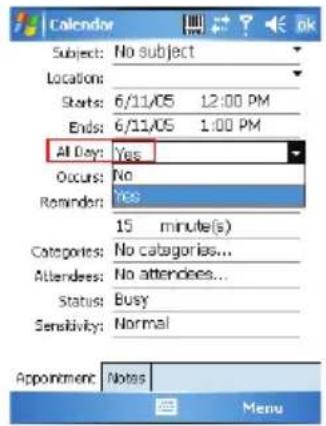 Calendar Subject: No subject Locations: Starts: 6/11/05 12:00 PM Ends: 6/11/05 1:00 PM All Day: Yes Occurs: No Reminder: Yes 15 minute(s) Categories: No categorias... Attendees: No attendees... Status: Busy Sensitivity: Normal Appointment: Notes Menu