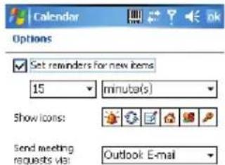 Calendar Options Set reminders for new items 15 minubars Show icons: Send meeting requests via: Outlook E-mail