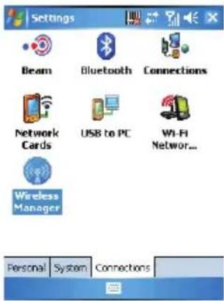 Settings Beam Bluetooth Connections Network Cards USB to PC Wi-Fi Network... Wireless Manager Personal System Connections