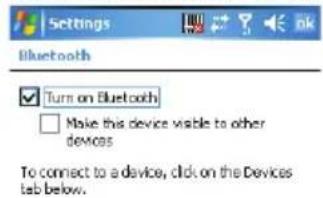 Settings Bluetooth ✓ Turn on Bluetooth □ Make this device visible to other devices To connect to a device, click on the Devices tab below.