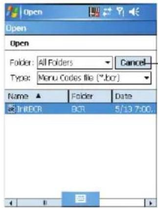 Open Open Folder: All Folders Cancel Type: Menu Codes file (*.bc) Name ▲ Folder Date InIECR BCR 5/13 7:00.