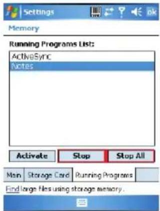 Settings Memory Running Programs List: ActiveSync Notes Activate Stop Stop All Main Storage Card Running Programs Find large files using storage memory.