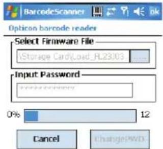 BarcodeScanner Option barcode reader Select Firmware File \Storage Card\Load_HL2303 Input Password 0% 12 Cancel ChangePWD