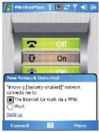 Wireless fan Off On Off New Network Detected "Inksys-g [Security-enabled]" network connects me to: The Internet (or work via a YPN) Work Settings Connect Menu