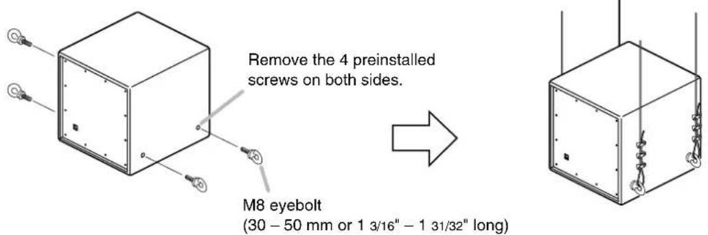 Remove the 4 preinstalled screws on both sides. M8 eyebolt (30 - 50 mm or 1 3/16" - 1 31/32" long)