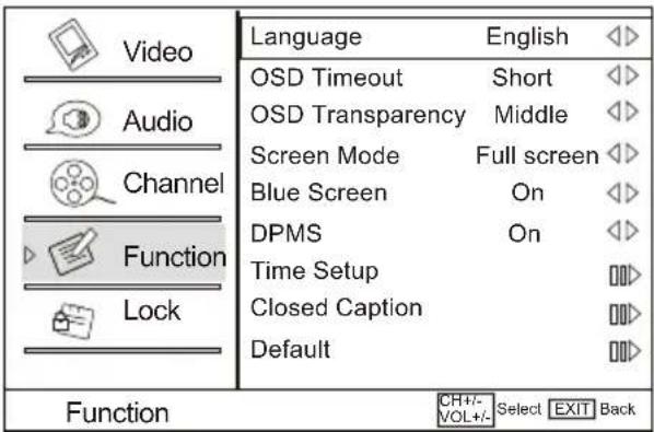 Video Audio Channel Function Lock Language English OSD Timeout Short OSD Transparency Middle Screen Mode Full screen Blue Screen On DPMS On Time Setup Closed Caption Default Function CH+/- Select EXIT Back