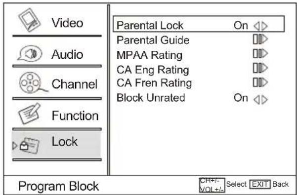 Video Audio Channel Function Lock Parental Lock On Parental Guide MPAA Rating CA Eng Rating CA Fren Rating Block Unrated On Program Block CH+/- Select EXIT Back VOL+/-