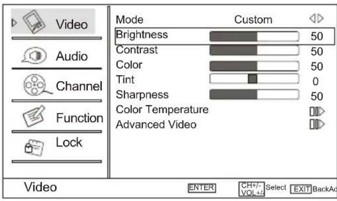Video Audio Channel Function Lock Mode Custom Brightness 50 Contrast 50 Color 50 Tint 0 Sharpness 50 Color Temperature Advanced Video Video ENTER CH+/- Select EXIT BackAd