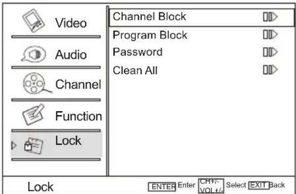 Video Audio Channel Function Lock Channel Block Program Block Password Clean All Lock ENTER Enter CHT+/- Select EXIT Back