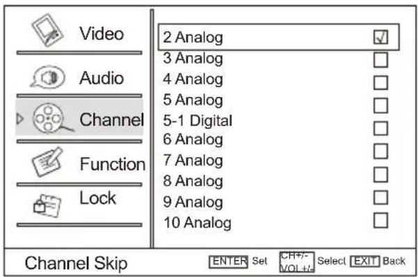 Video Audio Channel Function Lock 2 Analog ✓ 3 Analog □ 4 Analog □ 5 Analog □ 5-1 Digital □ 6 Analog □ 7 Analog □ 8 Analog □ 9 Analog □ 10 Analog □ Channel Skip ENTER Set CH+/- Select EXIT Back