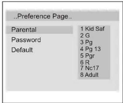 ..Preference Page.. Parental 1 Kid Saf Password 2 G Default 3 Pg 4 Pg 13 5 Pgr 6 R 7 Nc17 8 Adult