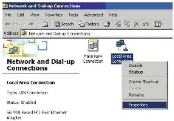 Network and Dial-up Connections File Edit View Favorites Tools Advanced Help Address Network and Dial-up Connections Make New Connection Local Area Connection Disable Status Create Shortcut Delete Rename Properties Network and Dial-up Connections Local Area Connection Type: LAN Connection Status: Enabled SG 900-Based PCI Fast Ethernet Adapter