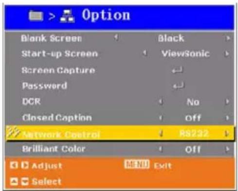Option Blank Screen Black Start-up Screen ViewSonic Screen Capture Password DCR No Closed Caption Off Network Control RS232 Brilliant Color Off Adjust MENU Exit Select