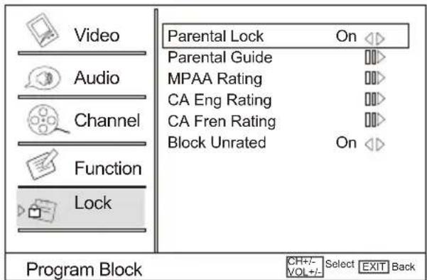 Video Audio Channel Function Lock Parental Lock On Parental Guide MPAA Rating CA Eng Rating CA Fren Rating Block Unrated On Program Block CH+/- Select EXIT Back VOL +/-