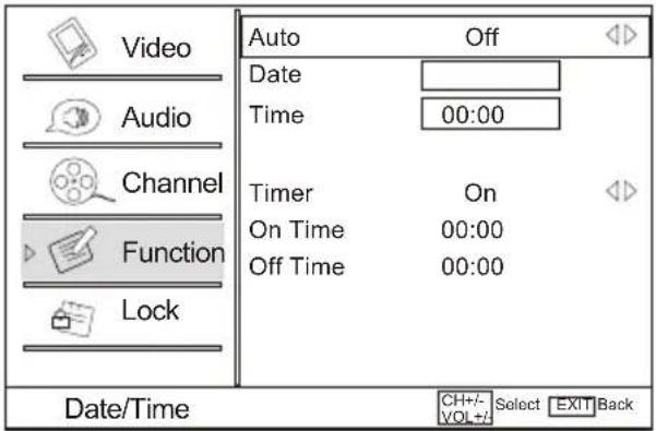 Video Audio Channel Function Lock Auto Off Date Time 00:00 Timer On On Time 00:00 Off Time 00:00 Date/Time CH+/- Select EXIT Back VOL+2
