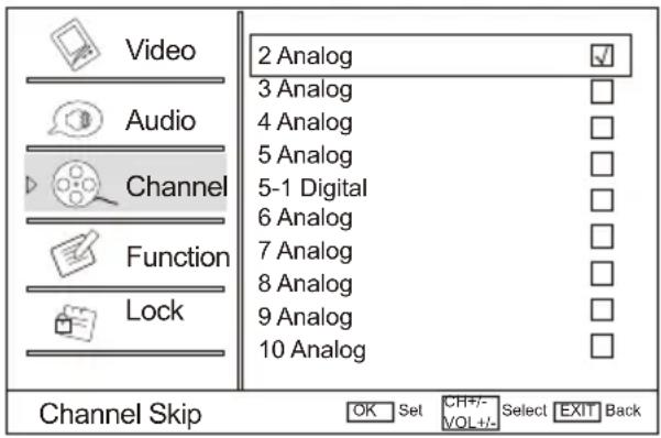 Video Audio Channel Function Lock 2 Analog ✓ 3 Analog □ 4 Analog □ 5 Analog □ 5-1 Digital □ 6 Analog □ 7 Analog □ 8 Analog □ 9 Analog □ 10 Analog □ Channel Skip OK Set CH+/- Select EXIT Back