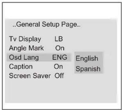..General Setup Page.. Tv Display LB Angle Mark On Osd Lang ENG Caption On Screen Saver Off English Spanish
