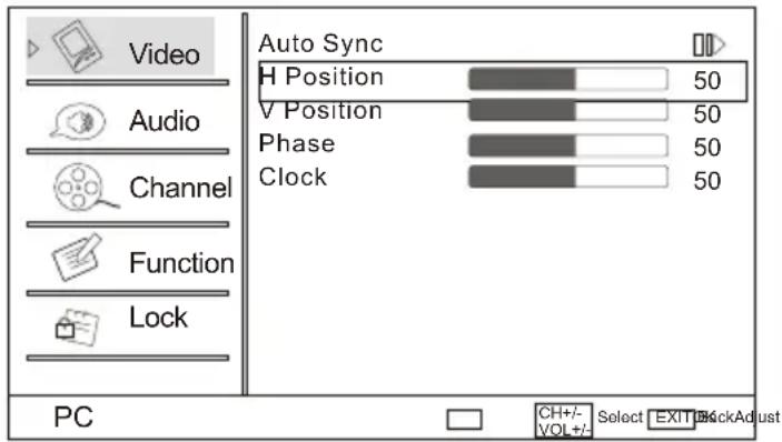 Video Audio Channel Function Lock Auto Sync H Position 50 V Position 50 Phase 50 Clock 50 PC CH+/- Select EXIT LockAdjust