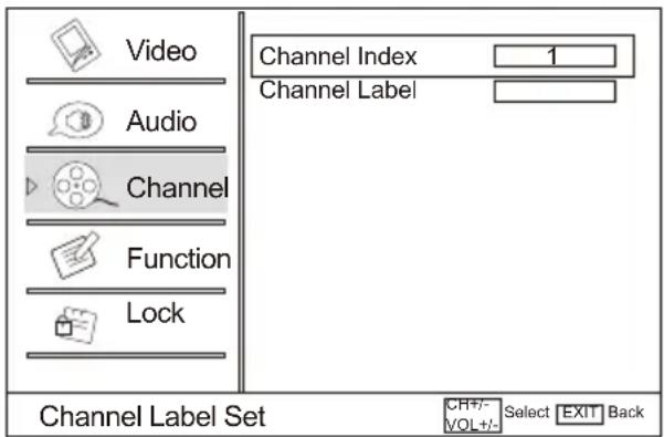 Video Audio Channel Function Lock Channel Index 1 Channel Label Channel Label Set CH+/- Select EXIT Back VOL+/-