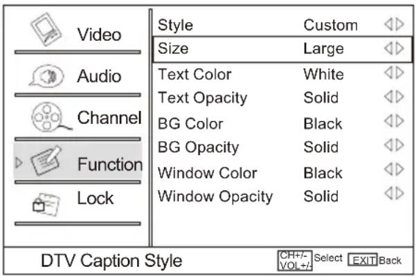 Video Audio Channel Function Lock Style Custom Size Large Text Color White Text Opacity Solid BG Color Black BG Opacity Solid Window Color Black Window Opacity Solid DTV Caption Style CCH+/- Select EXIT Back VOL+/-