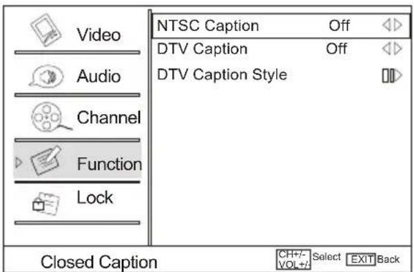 Video Audio Channel Function Lock NTSC Caption Off DTV Caption Off DTV Caption Style Closed Caption CH+/- Select EXIT Back