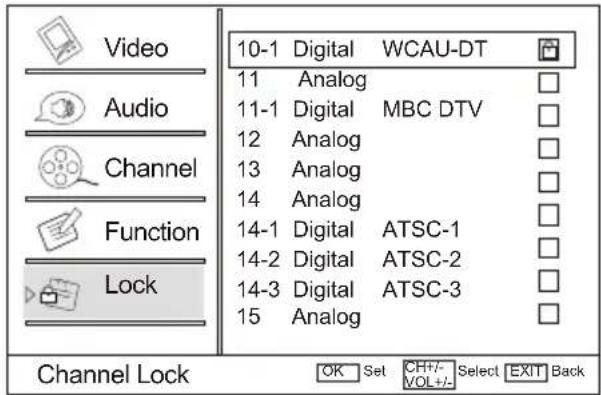 Video Audio Channel Function Lock 10-1 Digital WCAU-DT 11 Analog 11-1 Digital MBC DTV 12 Analog 13 Analog 14 Analog 14-1 Digital ATSC-1 14-2 Digital ATSC-2 14-3 Digital ATSC-3 15 Analog Channel Lock OK Set CHF-/VOL+/- Select EXIT Back