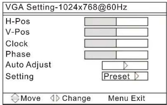 VGA Setting-1024x768@60Hz H-Pos V-Pos Clock Phase Auto Adjust Setting Preset Move Change Menu Exit