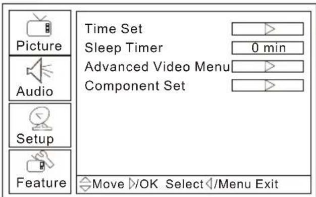 Picture Audio Setup Feature Time Set Sleep Timer 0 min Advanced Video Menu Component Set Move ▷/OK Select ▪/Menu Exit