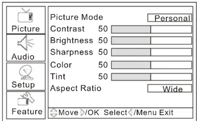 Picture Mode Personal Contrast 50 Brightness 50 Sharpness 50 Color 50 Tint 50 Aspect Ratio Wide Audio Setup Feature Move ▷/OK Select◀/Menu Exit