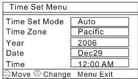 Time Set Menu Time Set Mode Auto Time Zone Pacific Year 2006 Date Dec29 Time 12:00 AM Move Change Menu Exit