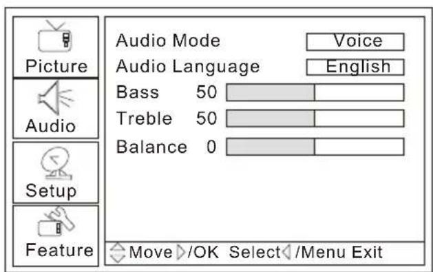 Picture Audio Audio Mode Voice Audio Language English Bass 50 Treble 50 Balance 0 Setup Feature Move >/OK Select /Menu Exit