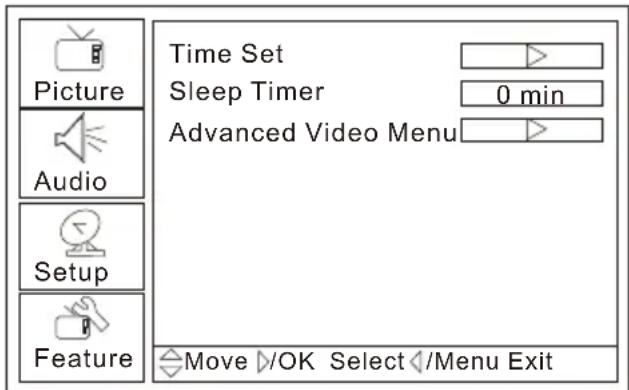 Picture Audio Setup Feature Time Set Sleep Timer 0 min Advanced Video Menu Move ▷/OK Select ▪/Menu Exit