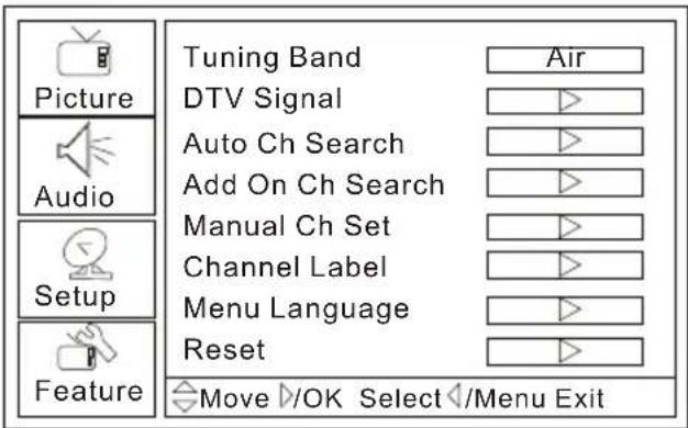 Picture Audio Setup Feature Tuning Band Air DTV Signal Auto Ch Search Add On Ch Search Manual Ch Set Channel Label Menu Language Reset Move ▷/OK Select ▶/Menu Exit
