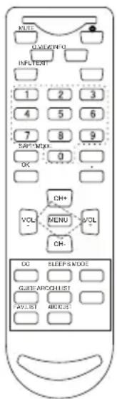 NUE GALAPPO INFLUTENT 1 2 3 4 5 6 7 8 9 SAP-MAIN 0 OC CH+ VOL MENU VOL CH- DO SLEEP/NOOD GREENARCH/LIST PAYLIST ADDRESS