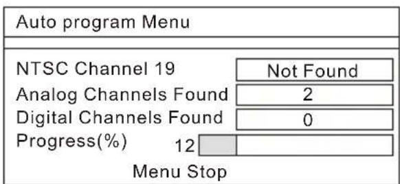 Auto program Menu NTSC Channel 19 Not Found Analog Channels Found 2 Digital Channels Found 0 Progress(%) 12 Menu Stop