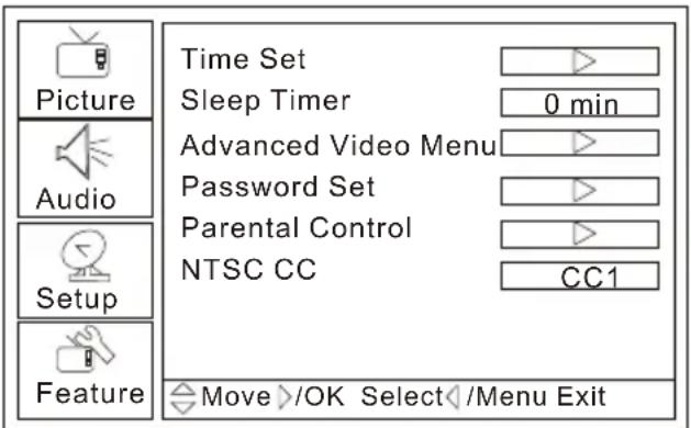 Picture Audio Setup Feature Time Set Sleep Timer 0 min Advanced Video Menu Password Set Parental Control NTSC CC CC1 Move >/OK Select Time Set: Press CH+/CH- button and then VOL+/OK button to enter the submenu that allows you to set the time the TV will display. Sleep Timer: Press VOL+/OK button to select the amount of the time before your TV turn off automatically. Advanced Video Menu: Press VOL+/OK button to enter te advanced video menu. Password Set: Press CH+/CH- button and then VOL+/OK button to enter Password Set menu and input or change old password. Parental Control: Press CH+/CH- button and then VOL+/OK button to enter Parental Control menu. NTSC CC: Press CH+/CH- button and then VOL+/OK button to enter NTSC CC menu and select the Closed Caption options. Troubleshooting Guide \- To assist in location possible faults use help guide below. Troubleshooting No picture, no soundVerify if the television is properly plugged in.Verify if the television is properly supplied with power.Verify that electricity is available.Blank screenVerify if correct signals are input.Press INPUT button to change signal input to TV input.Restart the television of power supply is interrupted.No soundPress MUTE button and verify if Mute mode is on.Switch to another channel and verify if the same problem happens.Press VOL+ button to see if the problem can be solved.Poor soundVerify if sound system is functional. Refer to chapter on adjusting.No picture in some channelVerify if correct channel is selected.Adjust the antenna.Make adjustments by FINE TUNENo color for some channel program (black and white)Verify if the same problem exists in other channels.Check picture and sound systems.Refer to relative instructions in the Manual for color adjust.Spots with some or all picturesVerify if the antenna is correctly connected.Verify if the antenna is in good condition.Make fine adjustment of channel.Abnormal functioningDisconnect the television from power supply and, 10 seconds later, reconnect to the power supply.If the problem still exists, contact an authorized service depot for technical assistance. Note: 1. If the fault can not be repaired using the above guide consult with your local authorized service center. 2. The TV set must only be repaired by a qualified registered service person. Never attempt to remove the back cover as the TV set has dangerous voltages levels inside that may be fatal or cause fire. Specifications Specifications of the television that you have just purchased may vary from the information in this table due to technical innovations. ModelHL15B®/HLA15E○HL19E○/HL19W○HL22E®Picture, sound systemNTSC, ATSC, Clear QAMAudio output≥1.5W+1.5WExternal input portAV input PC input S-VIDEO input PC audio input Headphone output YPbPr input Antenna inputPower requirements~120V 60HzPower consumption≤50W≤60W 80W≤TemperatureWorking:+5°C+35 °CStorage:-15°C+45 °CHumidityWorking:20% ~ 80%Storage: 5% ~ 90%AccessoriesRemote controlBatteriesUser manual NOTE Design and specifications are subject to change without notice. Dimensions quoted in this manual are approximate. Warranty This Haier brand product, when shipped in its original packaging, will be free from defective workmanship and materials, and Haier agrees that it will, at its option, either repair the defect or replace the defective product with a new or re-manufactured equivalent at no charge to the purchaser, for parts or labor for the periods set forth below. This warranty does not apply to the appearance of the product or the exterior of the product, which has been damaged or defaced, altered or modified in design or construction. It does not apply to the additional excluded items set forth below. The warranty commences on the date the item was purchased and the original purchase receipt must be presented to the authorized service center before warranty repairs are rendered. The limited warranty described herein is in addition to whatever implied warranties may be granted to purchasers by law. ALL IMPLIED WARRANTIES INCLUDING THE WARRANTIES OF MERCHANTABILITY AND FITNESS FOR USE ARE LIMITED TO THE PERIOD(s) FROM THE DATE OF PURCHASE. Some states do not allow limitations on how long an implied warranty lasts, so the above limitation may not apply to you. Neither the sales personnel of the seller nor any other person is authorized to make any warranties other than those described herein, or to extend the duration of any warranties beyond the time period described herein on behalf of Haier. The warranties described herein shall be the sole and exclusive warranties granted by Haier and shall be the sole and exclusive remedy available to the purchaser. Correction of defects in the manner and for the period of time described herein shall constitute complete fulfillment of obligations and responsibilities of Haier to the purchaser with respect to the product and shall constitute full satisfaction of all claims, whether based on contract, negligence, strict liability or otherwise. In no event shall Haier be liable, or in any way responsible, for any damages or defects in the product which were caused by repairs or attempted repairs performed by anyone other than an authorized service center or dealer, nor shall Haier be liable, or in any way responsible, for incidental or consequential economic or property damage. Some states do not allow the exclusion of incidental or consequential damages, so the above exclusion may not apply to you. THIS WARRANTY GIVES YOU SPECIFIC LEGAL RIGHTS. YOU MAY ALSO HAVE OTHER RIGHTS WHICH VARY FROM STATE TO STATE. Warranty period for this product: 90 days labor and one year parts. Additional items excluded from warranty coverage: non-rechargeable batteries. What to do to obtain service or to obtain product literature, accessories, supplies or customer assistance: Simply call 1-877-337-3639. Be sure to have proof of purchase. Haier