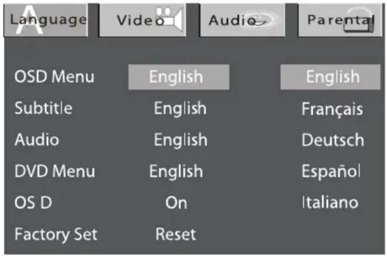 Language Video Audio Parental OSD Menu English English Subtitle English Français Audio English Deutsch DVD Menu English Español OS D On Italiano Factory Set Reset