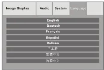 Image Display Audio System Language English Deutsch Français Español Italiano 三本語 製酒中文 図書中文