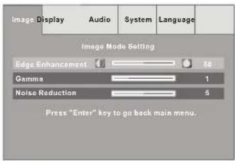Image Display Audio System Language Image Mode Setting Edge Enhancement 80 Gamma 1 Noise Reduction 5 Press "Enter" key to go back main menu.