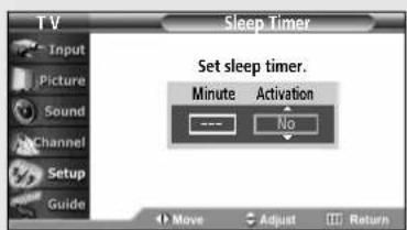 TV Sleep Timer Input Picture Sound Channel Setup Guide Set sleep timer. Minute Activation --- No Move Adjust Return