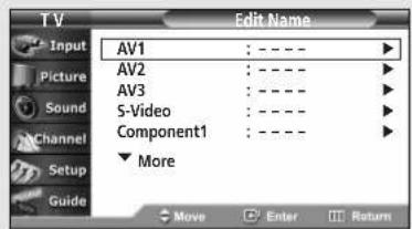 TV Input Picture Sound Channel Setup Guide AV1 : - - - AV2 : - - - AV3 : - - - S-Video : - - - Component1 : - - - More Move Enter Return